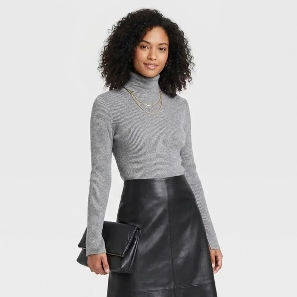 Generation Love Charcoal Ribbed Knit Turtleneck Sweater Longsleeve Layering Top - Picture 1 of 9
